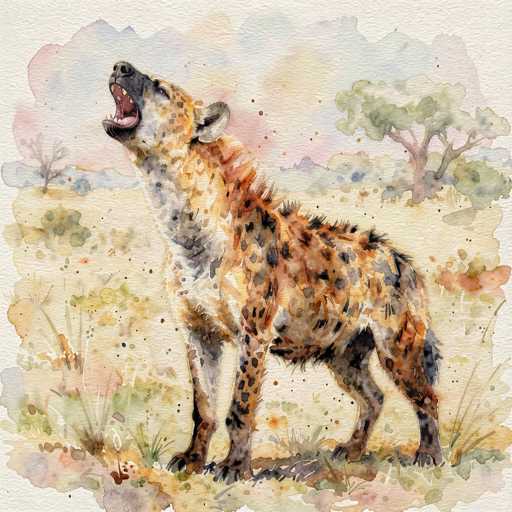 A watercolor painting of a spotted hyena standing on its hind legs, with its mouth wide open in a howl. The hyena is facing towards the upper right corner of the image, its body angled slightly to the left. The background is a soft wash of muted colors, suggesting an African savanna landscape with sparse vegetation and distant trees. The watercolor style gives the painting a loose, expressive feel, emphasizing the texture of the hyena's fur and the fluidity of the paint. The overall mood is one of wildness and vocalization, capturing the hyena's characteristic call.