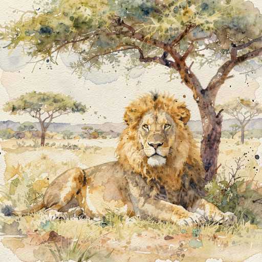 This watercolor painting depicts a majestic lion resting under a tree in a grassy field. The lion, with its golden-brown fur and a mane that transitions from light brown to dark brown, lies on its stomach with its front paws extended forward. Its back legs are tucked underneath its body, and its tail is visible to the left. The lion's face, adorned with a white beard and a pink nose, gazes directly at the viewer with light brown eyes. The tree beside the lion has a brown trunk and lush green leaves, while the surrounding grass is a mix of green and yellow hues. In the background, a range of mountains stretches across the horizon, and additional trees with brown trunks and green foliage can be seen. The sky above is a blend of white and blue, with clouds scattered throughout. The painting is rendered on a white canvas, with the edges of the canvas visible at the bottom, adding to the artwork's rustic charm.