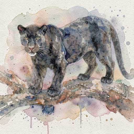 This image features a detailed watercolor painting of a black panther, prominently displayed on a textured, off-white canvas. The panther, with its striking yellow eyes and white whiskers, is depicted in a dynamic pose, walking towards the left side of the frame. Its long, black tail extends to the right, adding to the sense of movement. The panther's body is adorned with various shades of black, gray, and blue, creating a mottled effect that captures the light in a way that makes it appear almost lifelike. The background is a vibrant mix of pink, blue, and purple hues, with splashes and drips of paint that enhance the artistic, fluid nature of the piece. The panther's paws are firmly planted on a brown branch, grounding the creature in the scene. The overall composition is both captivating and dynamic, with the panther's intense gaze drawing the viewer into the artwork.