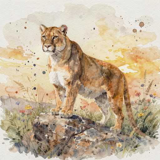 This detailed watercolor painting depicts a majestic mountain lion, possibly a cougar or bobcat, standing on a rock amidst a vibrant natural setting. The mountain lion, with its light brown fur and white underbelly, is positioned in a side profile, gazing intently to the left. Its long tail extends gracefully to the right, and its ears are perked up, adding to its alert demeanor. The rock beneath the animal is rendered in shades of brown and gray, providing a sturdy base.

Surrounding the rock is a lush array of green grasses and various flowers, including yellow, red, and blue blooms, which add splashes of color to the scene. The background features a dynamic sky with hues of yellow, orange, and gray, suggesting either a sunrise or sunset. The sky is adorned with abstract splotches of paint, enhancing the painting's artistic and somewhat surreal quality. The overall composition is rich in detail, with the mountain lion as the central focus, framed beautifully by the natural elements and the expressive sky.