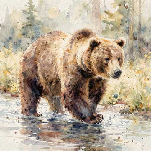 This detailed watercolor painting captures a large brown bear standing in a shallow stream, with its front paws submerged in the water. The bear, which has a mix of brown, black, and white fur, is depicted with a black nose and a white snout, and it appears to be looking off to the right. The background features a lush forest with tall trees, some of which are pine trees, and a variety of green and yellow foliage. The scene is set during the daytime, with the bear's reflection visible in the water. The overall color palette of the painting includes shades of brown, green, yellow, and white, with splashes of blue and black adding depth to the forest setting. The bear's fur is rendered with a textured, almost fuzzy appearance, enhancing the lifelike quality of the artwork.