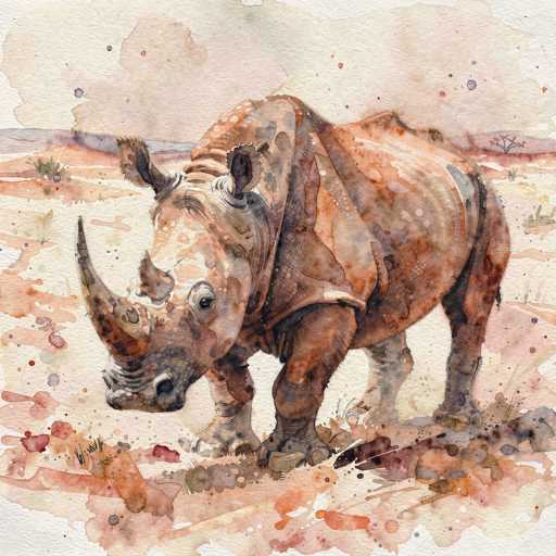 This image is a detailed watercolor painting of a rhinoceros, prominently featuring the animal in the center. The rhino, depicted in shades of brown, gray, and black, stands on a sandy, desert-like terrain with sparse vegetation. Its large, curved horn points to the left, while its head is slightly turned towards the viewer, showcasing its expressive eyes and ears. The background is a blend of light brown and gray hues, with a faint tree line and a cloudy sky, adding depth to the scene. The painting's style is loose and abstract, with paint splatters and drips giving it a dynamic, almost ethereal quality. The overall composition is square, with the rhino occupying most of the space, creating a striking and evocative portrayal of the majestic creature in its natural habitat.