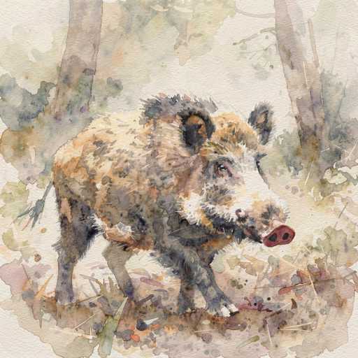 This watercolor painting depicts a wild boar standing in a forested area. The boar, which is the central focus of the image, is facing to the right with its head slightly turned towards the viewer. Its fur is a mix of brown, black, and white, with a distinctive white snout and a pink nose featuring two black holes. The boar's ears are black, and its eyes are brown. The background is a blend of muted browns, greens, and grays, representing the forest floor and trees. The ground is covered with brown leaves, sticks, and patches of grass, while the trees are rendered in shades of brown and gray. The overall composition is somewhat abstract, with the boar's body appearing slightly blurred, adding to the painting's artistic style.
