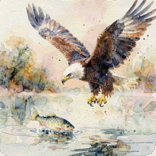 This watercolor painting vividly captures a dramatic scene of a bald eagle in mid-flight, poised to snatch a fish from the water below. The eagle, with its striking white head, piercing yellow eyes, and sharp yellow beak, dominates the composition. Its wings are outstretched, showcasing a beautiful blend of brown, blue, and white feathers, while its yellow talons are extended towards the fish. The fish, a mix of blue and yellow with a distinctive red stripe, is captured in a moment of struggle, its mouth open as it attempts to escape the eagle's grasp. The water beneath them is a serene blue, reflecting the surrounding environment. In the background, abstract shapes in shades of green, yellow, and blue suggest trees and foliage, adding depth to the scene. The overall color palette is muted, with soft blues, greens, and yellows, creating a harmonious yet intense atmosphere. The painting's abstract elements and the dynamic positioning of the eagle and fish lend a sense of movement and energy to the artwork.
