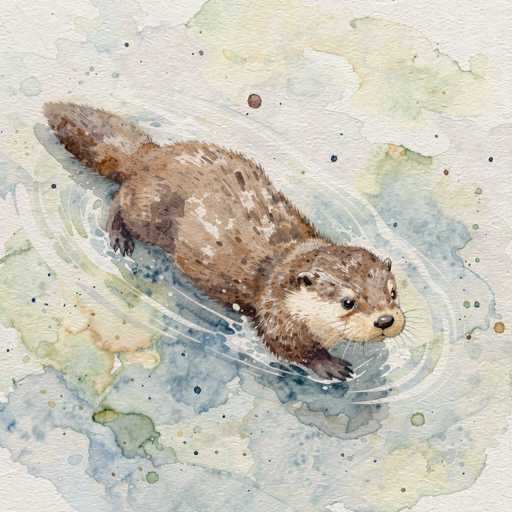 This watercolor painting depicts a charming brown otter swimming in a pond. The otter, with its distinctive white face and black nose, gazes towards the bottom right corner of the image. Its body is primarily brown, adorned with white speckles, and it has a long, bushy tail. The otter's front paws are visible, while its back paws are submerged. Surrounding the otter, the water is a blend of blue and green hues, with ripples indicating movement. The background features a white canvas with splashes of blue, green, and brown, adding depth and texture to the scene. The overall composition captures the playful and serene nature of the otter in its aquatic habitat.