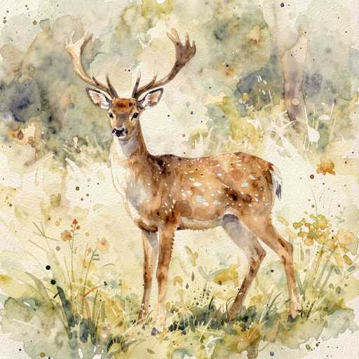 This watercolor painting depicts a majestic buck standing in a grassy field, surrounded by a vibrant and abstract background. The deer, with its light brown coat adorned with white spots, features a prominent white chest and a distinctive white tail. Its large antlers, which are brown with white tips, frame its alert and curious expression as it gazes directly at the viewer. The buck's ears are perked up, and its black nose and eyes add to its lifelike appearance. The grassy field beneath the deer is a mix of green and yellow hues, interspersed with abstract splashes of blue, orange, and black. The background is a blend of light and dark green shades, with hints of yellow and blue, creating a dreamy and artistic atmosphere. The overall composition is both detailed and abstract, with the deer standing out as the focal point amidst the colorful and fluid surroundings.