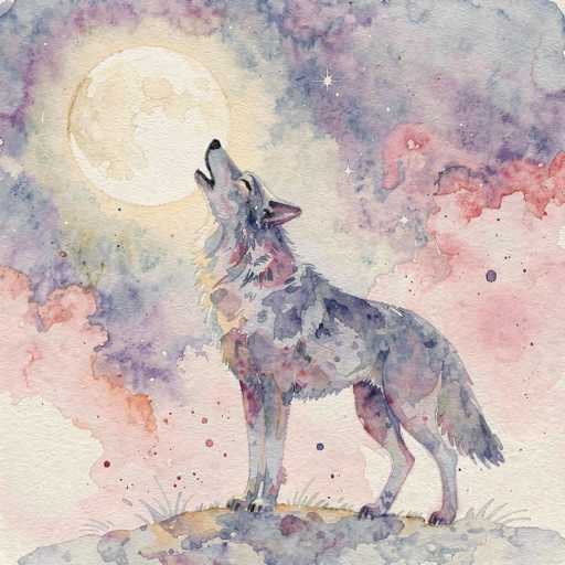 This watercolor painting depicts a wolf howling at a large, glowing moon. The wolf, positioned centrally in the image, is rendered in shades of gray, blue, and pink, with its head tilted upwards and mouth open in a howl. The moon, situated in the upper left corner, radiates a yellowish glow with darker spots, surrounded by a halo of light. The sky is a blend of purplish-blue hues with scattered stars and pinkish-red clouds, adding depth to the scene. The wolf stands on a small hill, with patches of grass and dirt visible beneath its paws. The overall composition is detailed and vibrant, capturing the mystical essence of a nighttime wilderness.