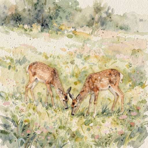 This watercolor painting depicts a serene scene of two young deer, likely fawns, grazing in a lush, grassy field. The deer, adorned with white spots on their brown coats, are positioned in the center of the image, facing each other with their heads lowered to the ground. The fawn on the left has its head slightly turned to the right, while the fawn on the right has its head turned to the left. The field is a vibrant mix of green grasses, interspersed with pink and white flowers, and dotted with small yellow and white specks that add texture to the scene. In the background, a dense forest of trees and bushes forms a natural border, with the sky peeking through in the top right corner. The overall composition is detailed and richly colored, capturing the tranquility of the moment with a delicate balance of nature's elements.