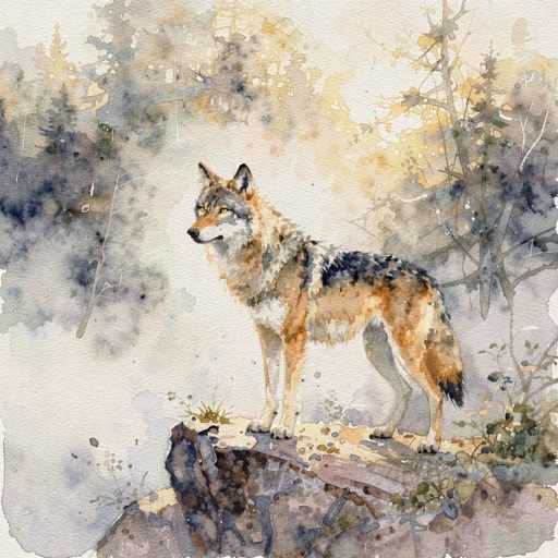 This watercolor painting depicts a majestic wolf standing on a rocky ledge, surrounded by a dense forest. The wolf, with its striking black and brown fur, yellow eyes, and black nose, gazes intently to the left. Its ears are perked up, and its tail is held high, adding to its alert and powerful presence. The background features a blend of green and brown trees, with some appearing as mere outlines, creating a sense of depth and mystery. The sky above is a light gray, enhancing the serene yet wild atmosphere of the scene. The overall composition captures the essence of nature's beauty and the wolf's wild spirit.