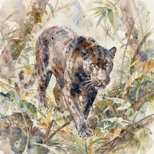 This watercolor painting depicts a large, majestic big cat, possibly a leopard or a jaguar, with a strikingly detailed and lifelike appearance. The big cat's fur is a blend of brown, gray, and black, with distinctive spots and stripes, and it has piercing yellow eyes that seem to stare directly at the viewer. Its long, curved tail and powerful legs are clearly visible, adding to its imposing presence. The cat is positioned centrally in the image, walking through a lush, tropical forest. The background is a vibrant mix of green, yellow, and brown hues, representing various plants, leaves, and tree branches. The overall scene is rich with detail, capturing the essence of a wild, untamed environment.