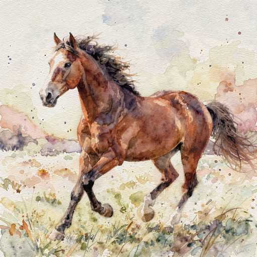 This watercolor painting captures a dynamic scene of a brown horse with a white face, galloping through a grassy field. The horse, depicted in profile and facing left, exhibits a powerful and muscular build, with its mane and tail flowing dramatically in the wind. The mane is a mix of black and brown, while the tail is predominantly black. The horse's legs are a darker brown, and its hooves are white. The background features a blend of light green, yellow, and brown hues, suggesting a field with scattered grass and possibly some flowers. The sky above is a light blue, dotted with white clouds, adding to the serene yet vibrant atmosphere of the painting. The overall composition is rich in detail, with the horse's movement and the natural elements around it creating a vivid and lively scene.
