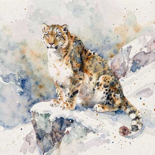 This watercolor painting depicts a majestic big cat, likely a leopard or cheetah, perched on a rocky outcrop in a snowy landscape. The cat's fur is a blend of light brown, dark brown, and black, with distinctive black spots and a white chest. Its face is adorned with white fur around the eyes and mouth, and it has a pink nose and small ears. The cat's body is positioned with its back towards the right and its head turned to the left, gazing directly at the viewer. Its front paws are tucked under its chest, while its back legs are stretched out, and its tail curves down to the bottom right corner of the image. The background features a blend of blue, gray, and white hues, with splashes of brown and purple, creating a serene yet dynamic atmosphere. The rocky outcrop is gray with patches of snow, and the overall scene is set against a backdrop of a cloudy sky, enhancing the painting's tranquil yet wild ambiance.