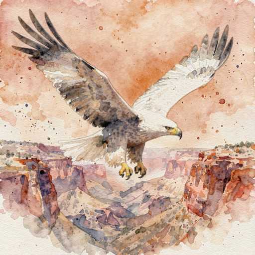 A majestic bald eagle in flight, rendered in a soft watercolor style. The eagle is captured mid-flight, wings fully extended, with its sharp talons outstretched as if preparing to land. The background features a blurred landscape of canyons and cliffs, with warm, earthy tones dominating the scene. The watercolor effect creates a sense of depth and movement, with soft washes of color blending together to create an ethereal atmosphere. The eagle's feathers are detailed, showcasing the contrast between its white head and tail and dark brown body. The overall impression is one of power, freedom, and the beauty of nature.