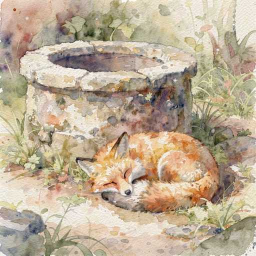 A watercolor painting of a sleeping fox curled up next to an old stone well, surrounded by wildflowers and soft light. The style is loose and dreamy, with muted colors and a focus on texture.