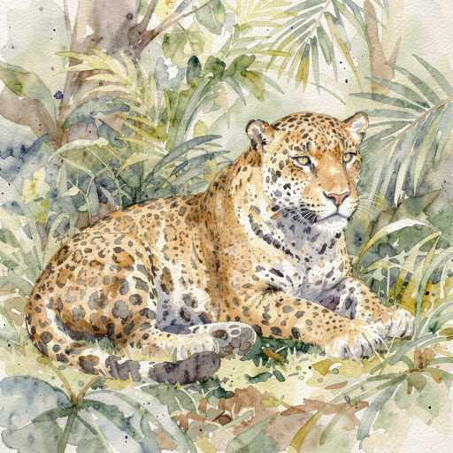 This watercolor painting depicts a large, majestic leopard resting in a lush, tropical jungle. The leopard, with its light brown fur adorned with black spots, is positioned in the center of the image, lying down with its front paws extended and its back legs tucked underneath. Its head is held high, gazing slightly to the right, showcasing its pink nose and white whiskers. The background is a vibrant tapestry of tropical foliage, featuring a mix of green, yellow, and brown hues, with palm fronds and various plants creating a dense, jungle-like atmosphere. The leopard's tail is curled around its body, adding to the serene and naturalistic feel of the scene. The overall color palette is dominated by earthy tones, with the leopard's fur and the surrounding greenery blending harmoniously.