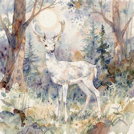 This watercolor painting depicts a serene forest scene with a majestic white buck as its focal point. The deer, adorned with large antlers, stands gracefully in the center of the image, gazing directly at the viewer. The forest is a blend of tall trees with brown trunks and green leaves, interspersed with pine trees and bushes. The ground is covered in a mix of green and brown grass, adding to the natural ambiance. A bright, white sun shines from the top left corner, casting a gentle light over the entire scene. The painting's palette includes shades of brown, green, blue, and white, creating a harmonious and tranquil atmosphere.