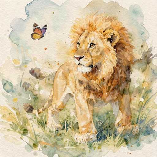 This watercolor painting depicts a majestic lion standing in a grassy field, surrounded by vibrant flowers. The lion, with its light brown body and darker brown mane, is positioned centrally, gazing to the left. Its face is detailed with a pink nose, white whiskers, and a white chin, while its eyes are a striking yellow. The lion's tail, adorned with a black tip, extends behind it. Above the lion, a butterfly with orange wings and black spots flutters, adding a touch of whimsy to the scene. The background features a blend of blue and green hues, with splashes of watercolor that create a dynamic and somewhat abstract setting. The overall composition is rich in color, with shades of green, yellow, orange, blue, and purple, creating a harmonious and lively atmosphere.