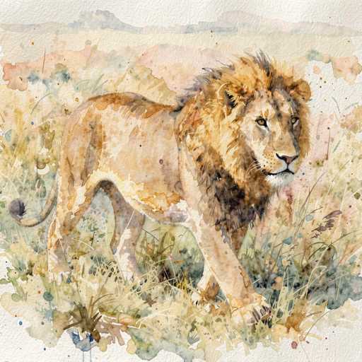 This watercolor painting depicts a majestic lion standing in a grassy field, facing to the right. The lion's body is a light brown color, with a darker brown mane that has hints of black. His face features a pink nose, a white chin, and a white streak running down the center of his face. His eyes are a striking yellow, and his mouth is closed. The lion's tail curves to the left, and his front right paw is slightly raised as if he is about to take a step. The grass around him is a mix of green, brown, and yellow hues, with some areas appearing taller than others. In the background, there are subtle hints of pink, blue, and gray, suggesting distant mountains or hills. The overall scene is set against a white canvas, enhancing the vivid colors of the lion and his surroundings.