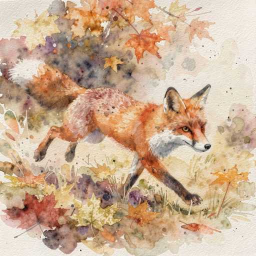 This watercolor painting features a vibrant orange fox with a white underbelly, chest, and tail tip, captured in mid-stride as it runs through a grassy field. The fox's body is adorned with black spots, and its legs are a darker shade of orange. Its expressive face, with a black nose and yellow eyes, is turned to the right, giving a sense of motion and alertness. The background is a blend of autumnal hues, with orange, yellow, and red leaves scattered on the ground and hanging from above, creating a dynamic and colorful setting. The painting is set against a white canvas, enhancing the vividness of the fox and the surrounding foliage.