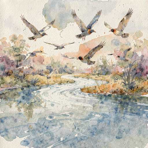 This watercolor painting depicts a serene scene of nine birds flying over a winding river. The birds, which have black heads, orange beaks, and gray wings with white undersides, are arranged in a V formation, with three leading at the front, two in the middle, and four trailing behind. The river, painted in shades of blue and white, meanders from the bottom right corner, curves left, then right, and continues into the distance. The river's surface reflects the birds and the surrounding landscape, adding depth to the scene. On either side of the river, the land is depicted in muted tones of brown, green, and yellow, with sparse vegetation and a few trees. The sky above is a blend of blue and white, with a large cloud hovering above the birds. The painting's style is loose and impressionistic, with colors that blend seamlessly into one another, creating a dreamy and tranquil atmosphere.