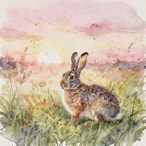 A watercolor painting of a European hare sitting in a field at sunset. The hare is facing left, with its long ears perked up and eyes alert. It's depicted in soft watercolor washes of brown, gray, and white, with delicate details suggesting its fur. The background features a warm sunset sky with soft pinks and oranges, blending into hazy lavender tones at the top. The field is rendered in muted greens and yellows, with some dried grasses adding texture. A faint sun is visible on the horizon, partially obscured by soft watercolor splatters and textures. The overall style is gentle and dreamlike, capturing a serene moment in nature.