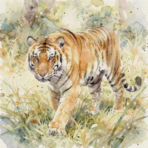 This watercolor painting depicts a majestic tiger walking through a grassy field. The tiger, with its striking orange fur adorned with black stripes, is captured mid-stride, moving from the right to the left side of the image. Its head is turned slightly towards the viewer, showcasing its piercing yellow eyes and pink nose. The tiger's front paws are extended forward, while its back paws are positioned behind it, and its tail curves gently to the right. The grassy field beneath the tiger is a blend of green and yellow hues, interspersed with patches of brown and blue. In the background, a few tree trunks rise from the grass, adding depth to the scene. The overall composition is rendered in soft, muted tones, enhancing the serene and natural ambiance of the painting.