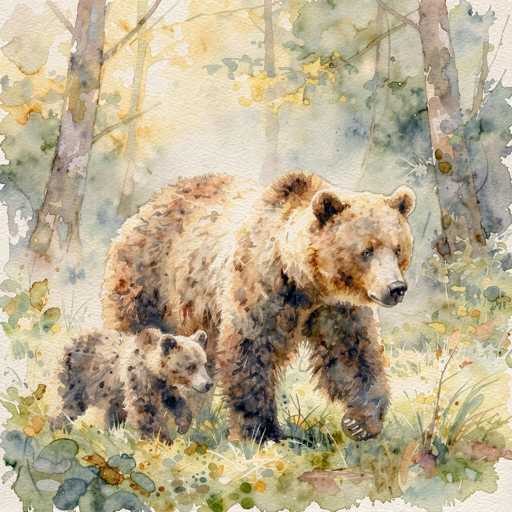 This watercolor painting depicts a serene forest scene featuring a mother bear and her cub. The mother bear, with a light brown coat accented by darker brown patches, stands protectively behind her cub. The cub, smaller and lighter in color, is positioned to the left of the mother, gazing up at her. The background is a lush forest with tall trees adorned with green leaves, some of which have yellowed, hinting at the changing seasons. The forest floor is covered in green grass interspersed with yellow and orange leaves, adding to the autumnal atmosphere. The overall composition is rendered in a soft, impressionistic style, with colors blending seamlessly into one another, creating a tranquil and harmonious scene.