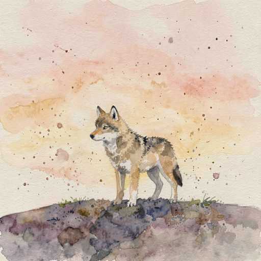 This watercolor painting depicts a fox standing on a rocky outcrop, gazing to the left. The fox is rendered in a mix of brown, black, and white hues, with a white chest and a black-tipped tail. Its ears are perked up, and its yellow eyes are focused intently. The rocky surface beneath the fox is a blend of purples, grays, and browns, with hints of green grass sprouting from the crevices. The background features a gradient sky transitioning from pink at the top to yellow near the horizon, dotted with specks of various colors. The overall scene is set against a white canvas, enhancing the vividness of the fox and the surrounding landscape.
