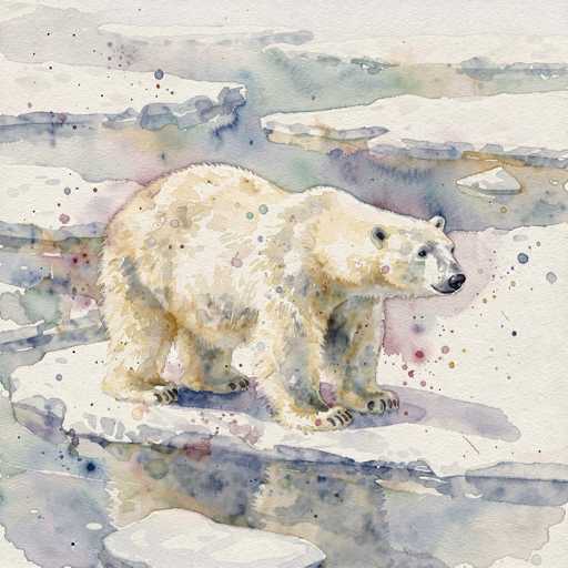 This watercolor painting depicts a polar bear standing on a small, flat iceberg amidst a vast expanse of water. The bear, predominantly white with subtle hints of yellow and gray, is positioned in the center of the image, facing to the right. Its reflection is visible in the water below, adding depth to the scene. The iceberg is surrounded by various shades of blue, gray, and white, with splashes of red and pink paint creating a dynamic and somewhat abstract background. The overall composition captures the bear's solitary presence in its natural habitat, with a blend of realistic and artistic elements.