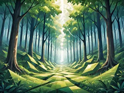 The image depicts a forest scene with tall trees and a winding path through the center of the frame. The trees on either side of the path have green leaves that appear to be rustling in the breeze. The sky above is a clear blue, providing a beautiful backdrop for the lush greenery below. The perspective of the image is from ground level, looking down the path towards the horizon line where the sky meets the trees.