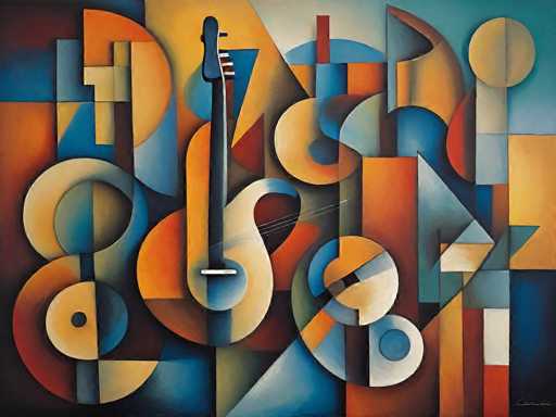 The image is a vibrant, abstract painting dominated by geometric shapes and a rich palette of colors, including orange, blue, yellow, red, and white. At the center of the composition is a stylized depiction of a stringed instrument, likely a guitar or possibly a cello, rendered in a cubist style. The instrument features a black neck, a white body, and four white strings, with a distinctive white bar running across the middle. Surrounding the instrument are various geometric shapes, such as circles, triangles, and squares, arranged in a seemingly random yet harmonious manner. The background is a blend of blue, orange, and yellow hues, with a notable blue triangle in the bottom right corner. The painting is signed in the bottom right corner, though the signature is too small to decipher. Overall, the artwork exudes a sense of energy and movement through its dynamic use of color and form.