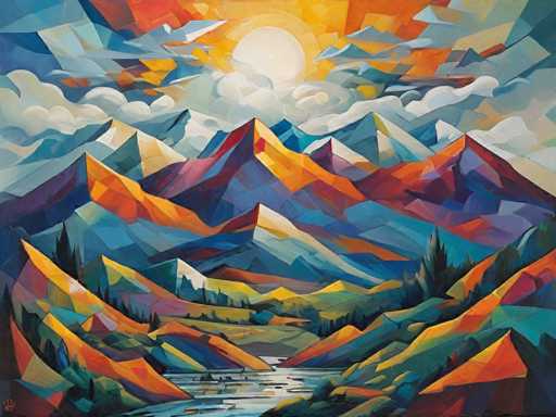 This vibrant and abstract painting depicts a mountainous landscape with a strikingly colorful palette. The sky is a blend of blues, yellows, and oranges, with a large, glowing sun at its center, casting a radiant halo. Below the sky, a series of jagged, triangular mountains in various hues—reds, blues, purples, oranges, and yellows—stretch across the horizon. The mountains are detailed with sharp peaks and deep crevices, creating a dynamic and textured scene. In the foreground, a serene lake reflects the sky and mountains, surrounded by lush greenery and dotted with trees. The entire composition is rendered in a mosaic-like style, with each element composed of distinct geometric shapes, giving the painting a unique and intricate appearance.