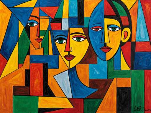This vibrant, geometric painting features stylized faces in a bold, cubist style. The figures are composed of angular shapes and blocks of color – yellows, blues, reds, greens – creating a fragmented yet expressive representation. The composition is dynamic, with overlapping planes and contrasting colors drawing the eye to the central figures' expressive eyes.