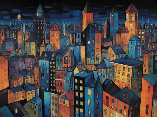 This image is a vibrant, cartoonish painting of a densely packed cityscape at night. The scene is filled with numerous tall buildings, predominantly in shades of blue, orange, and red, with some buildings featuring a mix of these colors. The buildings are closely packed together, creating a sense of depth and complexity. The night sky is depicted in dark blue with black clouds, adding to the nighttime ambiance. The windows of the buildings are illuminated, suggesting a bustling city life. The overall style of the painting is reminiscent of a children's book illustration, with a focus on bright colors and a somewhat abstract representation of the urban environment.