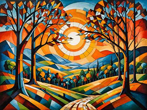 This image is a vibrant, abstract painting reminiscent of Van Gogh's style, characterized by its use of geometric shapes and a rich palette of colors. The scene depicts a winding, cobblestone path that meanders through a picturesque landscape, leading towards a distant mountain range. The sky is a striking blend of orange, yellow, and white hues, with a radiant sun at its center, casting a warm glow over the entire scene. The foreground features a variety of trees with leaves in shades of orange, yellow, and green, while the background is adorned with more trees and rolling hills. The overall composition is dynamic, with the cobblestone path guiding the viewer's eye through the colorful, abstract landscape.