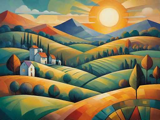This vibrant painting depicts a serene countryside scene with rolling hills and a picturesque farm. In the foreground, a small house with a distinctive purple roof stands prominently, accompanied by a barn and a smaller building with a red roof. The farm is nestled among lush green trees, with a few brown leaves hinting at the changing seasons. The hills are a mix of green and yellow hues, creating a warm, inviting atmosphere. In the background, majestic mountains rise, their peaks painted in shades of blue and orange. The sky above is a brilliant blue, adorned with fluffy white clouds, and a radiant sun casts its golden rays across the landscape. The overall composition is rich in color, with a palette that includes greens, yellows, oranges, blues, and browns, capturing the essence of a tranquil, idyllic countryside.
