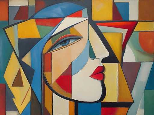 This image is a vibrant and abstract painting of a woman's face, rendered in a cubist style reminiscent of Picasso. The face is composed of various geometric shapes, including triangles, squares, and rectangles, creating a fragmented yet cohesive portrait. The woman's features are distinctly stylized: she has bright red lips, a blue eye with a white sclera and black pupil, and a nose that is a mix of white and blue. Her hair is depicted in shades of blue, with some areas appearing darker. The background is a dynamic collage of colors and shapes, featuring a mix of red, yellow, blue, green, and white. Notably, there are red triangles and squares, yellow rectangles, and a blue rectangle at the bottom. The overall composition is both colorful and intricate, with each element contributing to the overall abstract and cubist aesthetic of the painting.