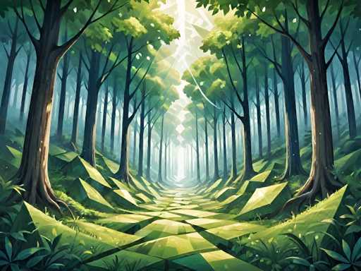 The image depicts a serene, fantastical forest path. Tall, slender trees with glowing leaves line the pathway, creating a tunnel-like perspective that draws the viewer's eye towards a bright light at the end. The ground is covered in geometric, glowing green tiles, and lush green foliage fills the sides of the path. The art style is digital painting with a focus on soft lighting and vibrant, stylized colors, evoking a magical, dreamlike atmosphere.