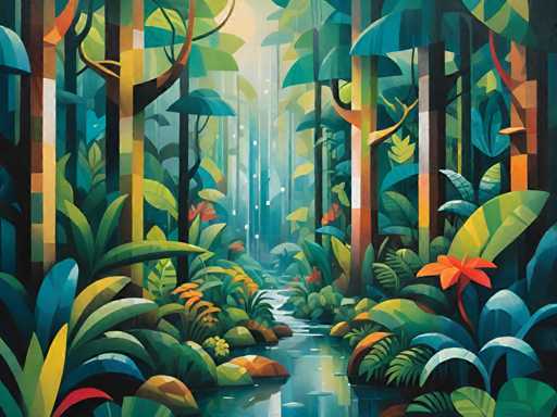 The image depicts a vibrant jungle scene with tall trees and plants in various shades of green, yellow, red, and orange. The perspective is from the ground looking up towards the sky, creating a sense of depth and scale. The predominant colors are green, yellow, and red, which contribute to the overall tropical atmosphere.
