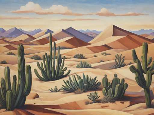 A vibrant, stylized painting of a desert landscape. The foreground is dominated by several large saguaro cacti with thick, green arms and spiky stems. The ground is a warm, sandy beige, subtly textured with light shadows suggesting rolling dunes. In the midground, more cacti of various shapes and sizes are scattered across the landscape, some clustered together and others standing alone. The background features a series of softly sloping mountains in muted shades of orange, brown, and purple, fading into a light blue sky with fluffy white clouds. The overall style is reminiscent of a vintage travel poster, emphasizing a sense of vastness and tranquility.