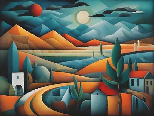 A vibrant, stylized landscape painting in the style of Giorgio de Chirico. The scene is dominated by warm, earthy tones – oranges, reds, and browns – contrasted with cool blues and teals. Geometric shapes define the buildings, hills, and structures, creating a dreamlike, slightly unsettling atmosphere. A large, red orb hangs in the sky, casting an eerie glow on the landscape. The perspective is unusual and slightly distorted, adding to the surreal quality of the artwork.