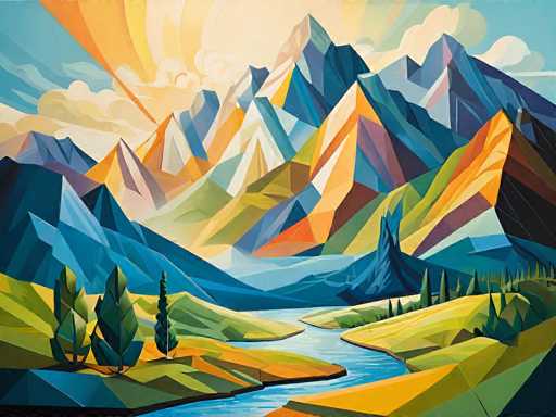 This vibrant, abstract painting depicts a serene mountain landscape with a river meandering through the foreground. The mountains, rendered in a mosaic of geometric shapes, are painted in a spectrum of colors including blues, purples, pinks, oranges, and yellows. The river, a striking blue, flows from the bottom center of the image, curving gently to the right before veering back to the left, eventually disappearing behind the mountains. The sky above is a light blue, adorned with white clouds and a radiant sun in the top left corner, casting its glow over the scene. The foreground features lush green grass and several trees, with a few more trees visible on the right side. The entire composition is a harmonious blend of colors and shapes, creating a visually captivating and tranquil landscape.