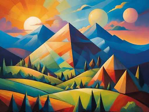 This vibrant, abstract painting depicts a fantastical landscape with a striking blend of geometric shapes and vivid colors. Dominating the scene are several large, triangular mountains, primarily rendered in shades of blue, with some featuring orange and green accents. The foreground is dotted with smaller pyramids, adding depth to the composition. The sky is a mesmerizing tapestry of colors, transitioning from a bright orange on the left to a deep blue on the right, with hints of purple and yellow. Three celestial bodies, possibly planets or moons, are visible: a large yellow one on the left, a smaller yellow one in the center, and a pinkish-white one on the right. The ground is a patchwork of green, blue, and orange hues, interspersed with pine trees that are predominantly green with occasional blue tips. The overall effect is a surreal, dreamlike landscape that captivates with its bold use of color and imaginative design.