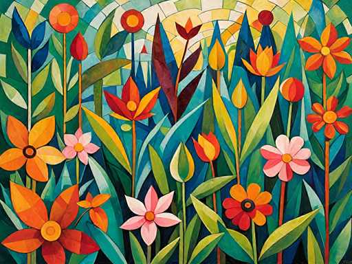 The image depicts an abstract painting featuring a vibrant array of flowers and plants against a backdrop of blue and green hues. The colors used include shades of orange, pink, yellow, and green, creating a lively and energetic atmosphere. The style of the artwork is reminiscent of impressionism, characterized by loose brushstrokes that emphasize the overall mood rather than intricate details.