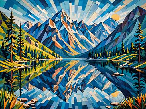 This image is a vibrant, abstract painting of a mountainous landscape. The scene is composed of various geometric shapes, primarily triangles, creating a mosaic-like effect. Dominated by shades of blue, the painting features a central mountain range with a prominent peak, flanked by smaller peaks. The sky is a mosaic of blue, white, and gray hues, with a yellow sun positioned in the upper right corner, casting rays across the scene.

In the foreground, a large body of water reflects the mountains and sky, adding depth to the composition. The water is interspersed with rocks and boulders, particularly noticeable on the right side. Surrounding the water are lush green hills dotted with tall pine trees, which also appear on the left side of the painting. The entire scene is framed by a border of blue, white, and gray, enhancing the abstract nature of the artwork. The overall effect is a striking blend of natural elements rendered in a modern, geometric style.