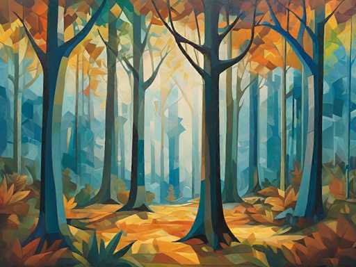 This image is a detailed painting of a forest scene, characterized by its vibrant autumn colors and geometric shapes. The trees, depicted in shades of blue, gray, and brown, have trunks that transition from light blue at the base to darker blue at the top. The foliage is a mix of orange, yellow, and brown leaves, with some still green, creating a rich tapestry of autumn hues. The forest floor is covered with fallen leaves in similar autumnal colors, adding to the seasonal atmosphere. The background features a blend of blue and white, suggesting a sky or distant water, enhancing the depth of the scene. The overall composition is abstract, with the trees and leaves represented by various geometric shapes, giving the painting a unique, stylized appearance.