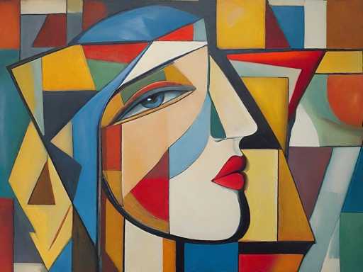 The image depicts an abstract painting featuring a woman's face with a blue and white color scheme. The woman is depicted from the side profile view, wearing red lipstick and her hair styled in a bun. The background of the painting consists of geometric shapes in various colors such as yellow, orange, green, and blue.