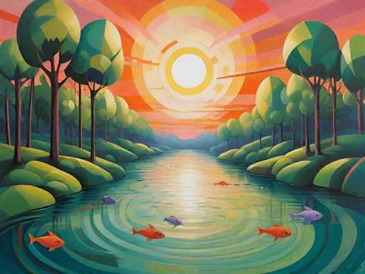 This vibrant, cartoonish painting depicts a serene river scene with a strikingly colorful sky. The sky is dominated by a large, radiant sun at its center, emitting concentric rings of white, yellow, orange, pink, and red hues that extend outward. Below the sun, a distant mountain range is visible, adding depth to the landscape. Flanking the river on both sides are lush, green trees with brown trunks, their foliage rendered in various shades of green. The river itself is a clear blue, with gentle ripples and a few fish swimming in it. Notably, there are four orange fish and one purple fish, all facing towards the right. The overall composition is bright and cheerful, with a harmonious blend of colors that create a lively and inviting atmosphere.