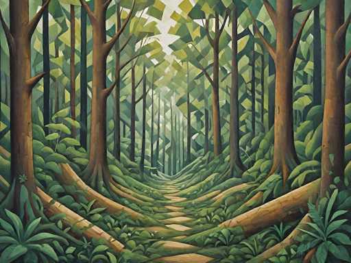 A vibrant, detailed painting of a lush, sun-dappled forest path. The scene is dominated by tall, slender tree trunks with textured bark, creating a sense of depth and perspective. The path itself is covered in moss and fallen leaves, leading the viewer's eye into the distance. Large, leafy plants surround the base of the trees, creating a dense and immersive environment. Sunlight filters through the canopy above, casting dappled light and shadows on the forest floor. The overall color palette is rich in greens, with varying shades creating a sense of depth and texture. The painting has a slightly stylized, almost dreamlike quality, emphasizing the tranquility and mystery of the forest.