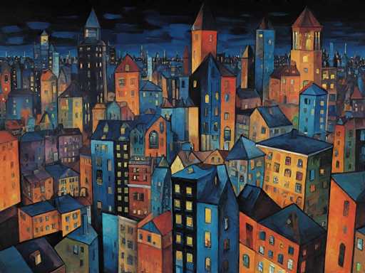 The image depicts a vibrant cityscape at night, with buildings painted in various colors including blue, orange, and yellow. The perspective is from a high vantage point, providing an aerial view of the city's layout and architectural diversity. The sky above is dark, creating a stark contrast to the colorful buildings below.
